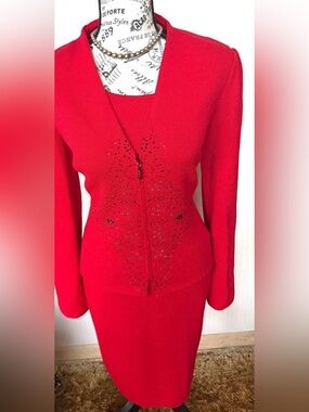 St. John Red Two-Piece Knit Dress Suit with Beaded Detail size 6